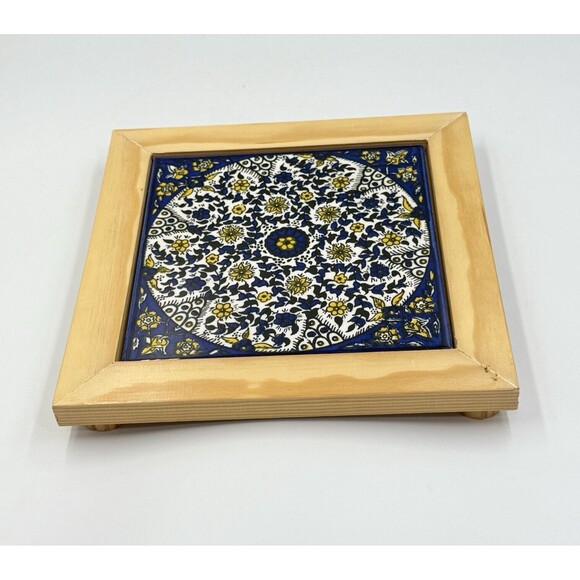 Barbour Ceramics Tile 8x8 square Stand Wood Cobalt Blue and White Yellow Flowers - Picture 1 of 16